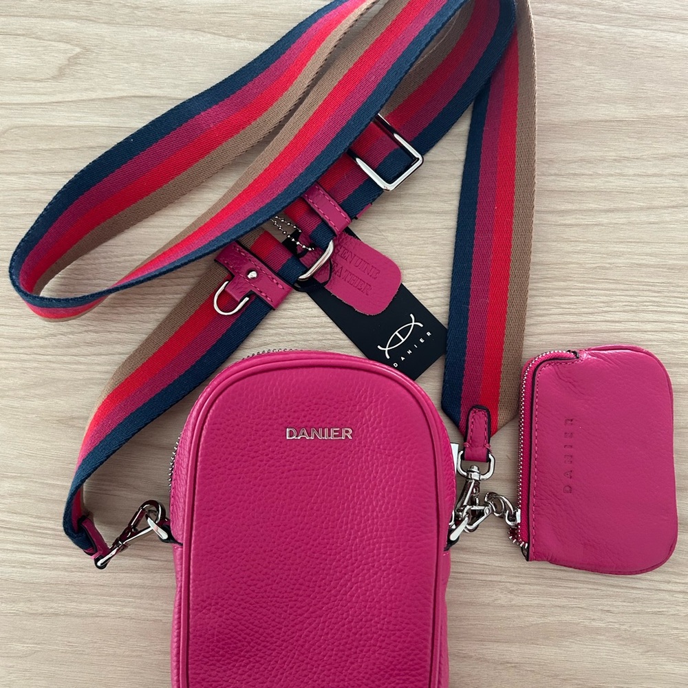 Danier LUANA Fushia Pink Crossbody Bag with Striped Strap